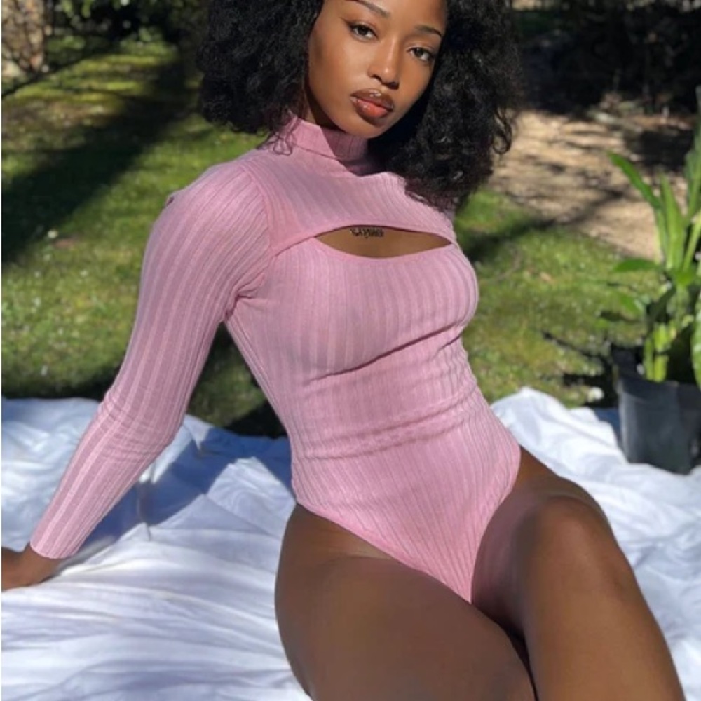 Fashion Nova Pink Ribbed Cutout Bodysuit